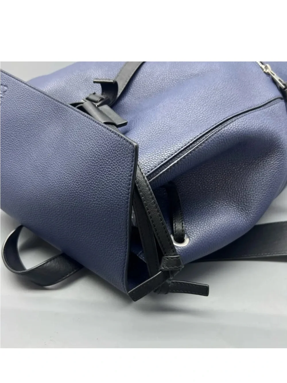 Loewe Navy Pebbled Leather Drawstring Backpack with Black Straps